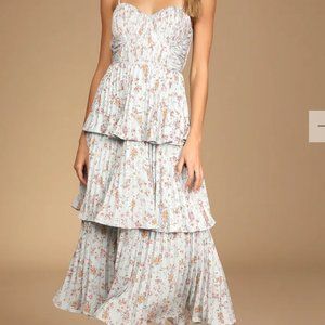 Cascading Crush Pale Blue Floral Print Tiered Bustier Midi Dress Small
